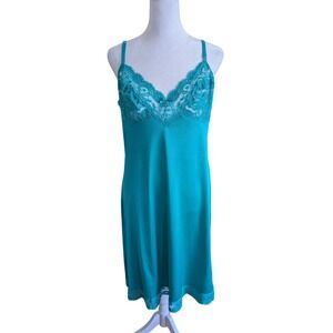 Vintage 80s Vassarette Lace Trim Full Slip Teal Blue Size 38F/Large